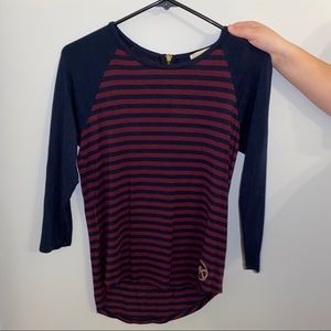 womens navy/red striped midsleeve + gold accents.